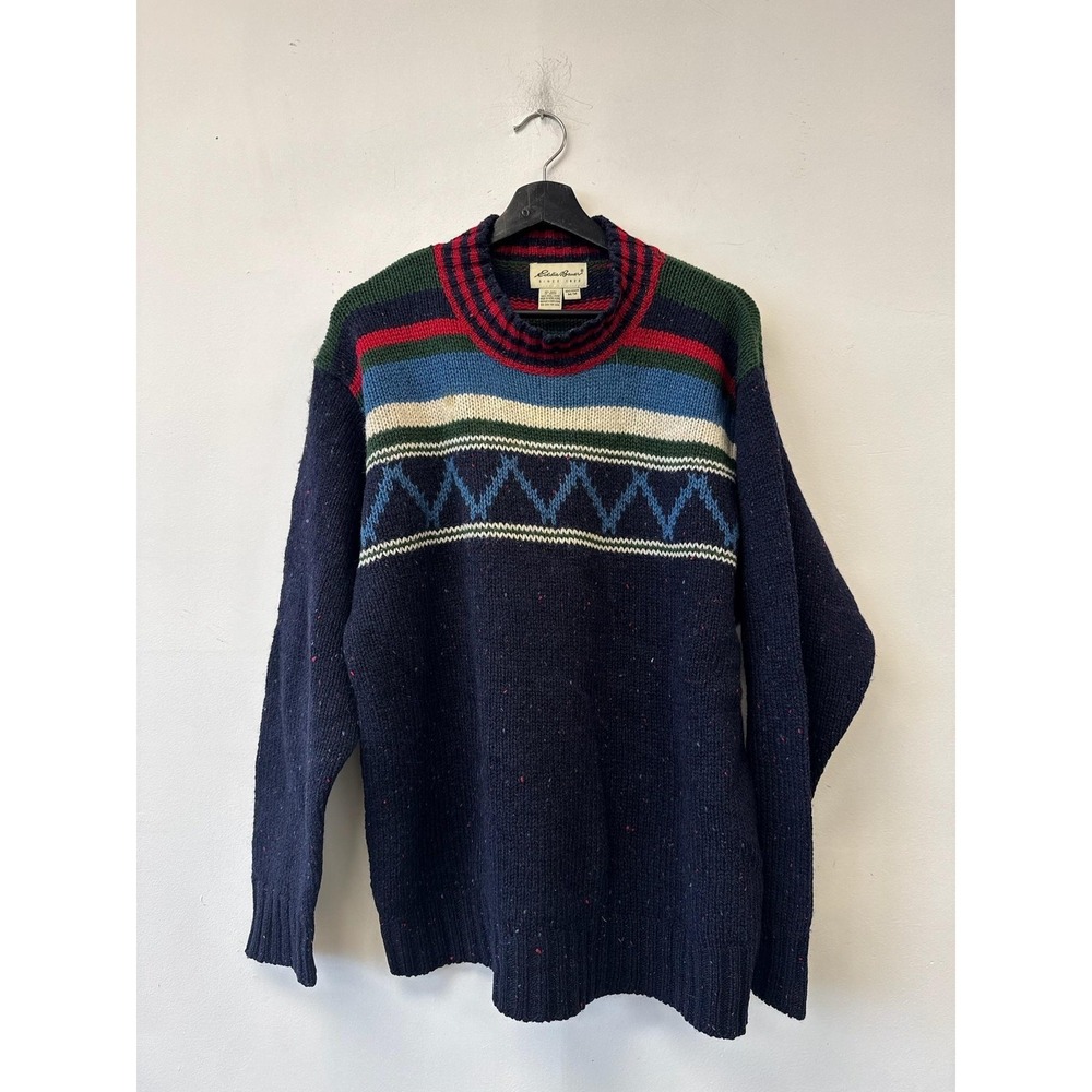 Vintage Eddie Bauer Sweater Mens Medium Blue Wool Fair Isle Chunky‎ Knit 80s